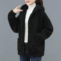 Women Fleece Hooded Sweater Solid Lamb Cashmere Cardigan Jacket Coat Ladies Casual Plush Autumn