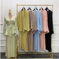 Ramadan Satin Abaya Dubai Turkey Islam Muslim Modest Dress Sets Prayer Clothes for Women Kaftan Robe