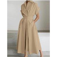 Women Summer Elegant Short Sleeve Office Sundress Casual Solid A Line Buttons Holiday Robe