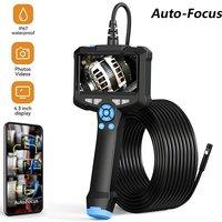 Industrial Endoscope Camera 4.3Inch Auto Focus 1080P Borescope with 8Adjustable Lights IP67 Waterproof for Plumbing Automotive