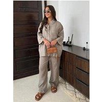 Women Vintage Solid Loose Pants Suit Lapel Single Breasted Long Sleeve Shirt Wide Leg Pants 2 Pcs