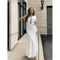 Elegant Contrasting Women Knit Maxi Dress Chic O-neck Short Sleeve Metal Buttons Bodycon Dresses