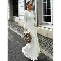 Fashion Ruffled Hem Knitted Long Dress Women Sexy O Neck Flare Long Sleeve Backless Lace Up Slim