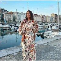 Women Floral Print Boho Maxi Dress Ethnic Style O Neck Half Puff Sleeve Oversize 2025 Casual Beach