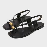 Spring New Women's Shoes Metal Decorations Fine grained Strip Fashion Flat Sandals Set Toe Square