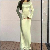 2024 New Elegant Long Dresses Fashion Vintage Simple Round Neck Satin Flare Sleeve Lace Up Slim