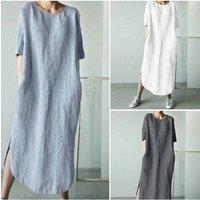 Oversized Women Loose Shirt Dress Summer O-Neck Half Sleeve Solid Color Cotton Linen Beachwear Sand