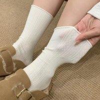 Women's rolled-up mid-calf socks, summer retro dark-patterned postpartum socks, cream-themed