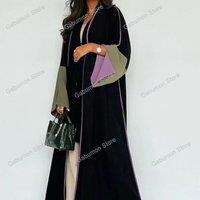 Fashion Colour Blocking Abaya Kimono Dubai Muslim Cardigan Abaya Women Casual Robe Female Islam