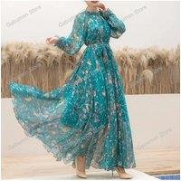 2025 Boho Floral Print Party Dress Women Vestidos Elegant Fashion Loose Chiffon Long Sleeve Muslim