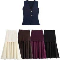 New Funky Suit Gold Button Knit Women's Vest Vest Crinkle Embellished Long Skirt Street Style