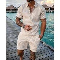 New 2025 Men's Polo Suit Fashion Men Sets Solid Summer V-neck Zipper Short Sleeve POLO Shirt+Shorts
