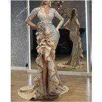 Sexy Gold Bling Night Even Banquet Dress Long Sleeve Lace Pleat Woman Elegant Sequin Prom Evening