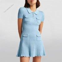 2025 Spring/Summer New Polo Neck Short Sleeve Knitted Dress Y2K Fashion Commuter Elastic Slim Fit