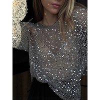 Sequins Hollow Out Pullovers Women Loose O-neck Long Sleeve Knit Sweaters Female 2025 Spring Shinny Chic Evening Shirts Lady