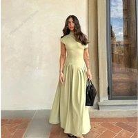 Women Elegant Green Pleated Dress Fashion O Neck Short Sleeve Patchwork Long Dresses 2025 New Casual Office Lady Streetwear