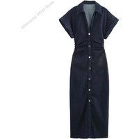 2025 women's pleated decorative short sleeved lapel denim slim fit long skirt spring new solid color slim fit dress