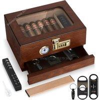 Cigar Humidor Cedar Wood Humidor Cigar Box Glass Top Desktop Humidor with Front Hygrometer