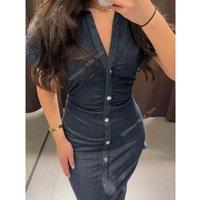 Retro Deep Blue Fold Women Denim Maxi Dress Fashion Short Sleeve V Neck Button Slim Fit Long Dresses Lady New Commute Chic Robes