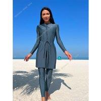 New Muslim Swimwear Burkini 3pcs Set Solid Color Swimsuit for Muslim Women Long Sleeve Suits Diving Suit and Surf Wear in Summer