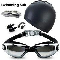 Adult Swimming Suit HD Anti-fog Swimming Goggles Set Waterproof Silicone Nose Clip Earplugs Swimming Goggles Set and cap Men