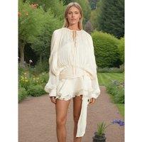 Elegant Flounce Dress Women V Neck Lace Up Lantern Sleeves Chic Mini Robe Female 2025 Spring New Patchwork Lace Beach Dress Lady