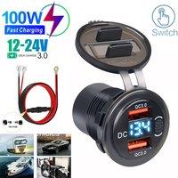 12v 24v usb car adapter, Dual Port USB Charger Socket USB-C PD & Dual QC 3.0 For Car Motorcycle With Voltmeter and Power Switch