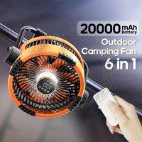 Camping Fan 20000mAh 6 in 1 Outdoor Ceiling Fan 4 Speed Adjustment Rechargeable Desktop Air Circulator LED Lighting Power Bank