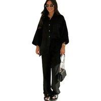 Women Vintage Solid Loose Pants Suit Lapel Single Breasted Long Sleeve Shirt Wide Leg Pants 2 Pcs Set 2024 New Ladies Streetwear