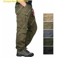 Camping Hiking Pants Men Cargo Cotton Overalls Straight Trousers Multi-Pocket Baggy Slacks Pants