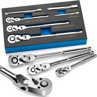 DGEV Head Ratchet Set 1/4" 3/8" 1/2" Drive 180 Adjustable Swivel Head Ratchet Wrench with Extension Bar 72 Tooth 6 pcs