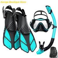 Mask Fins Snorkel Set, Snorkeling Gear for Adults, Panoramic View Snorkel Mask Anti-Fog, Adjustable Dive Flippers, Dry Top Snork