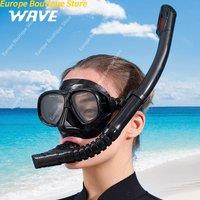 WAVE Brand Professional snorkeling two-piece set of silicone dry breathing tube with large frame and degree diving goggles