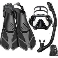 Mask Fins Snorkel Set, Snorkeling Gear for Adults, Panoramic View Snorkel Mask Anti-Fog, Adjustable Dive Flippers, Dry Top Snork