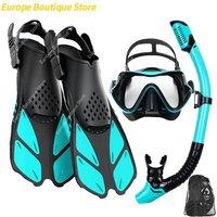Mask Fins Snorkel Set, Snorkeling Gear for Adults, Panoramic View Snorkel Mask Anti-Fog, Adjustable Dive Flippers, Dry Top Snork
