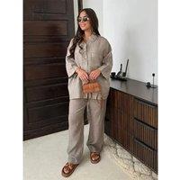 Women Vintage Solid Loose Pants Suit Lapel Single Breasted Long Sleeve Shirt Wide Leg Pants 2 Pcs Set 2024 New Ladies Streetwear