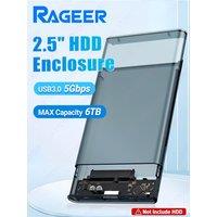 RAGEER Tool-Free Transparent Gray 2.5'' External Hard Drive Enclosure USB to SATA III 5Gbps HDD Case for 7mm/9.5mm Drives w/UASP