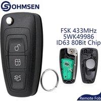 OHMSEN 3 Button Remote Flip Car Key Fob for Ford Focus MK3 Mondeo C-Max S-Max Transit Custom FSK 433Mhz 5WK49986 ID63 80Bit Chip
