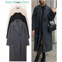 New Winter Coat For Women Solid Lapel Double Breasted Long Cardigan Top Female Pokcet Streetwear Woman New In OuterCoat