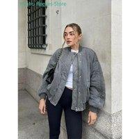Quilted Single Breasted Grey Women's Cotton Jacket Casual Pocket Stand Collar Long Sleeved Coats Fall Winter Commuting Outerwear