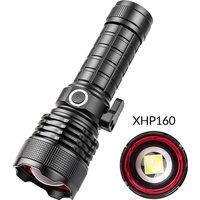 New multi-functional XHP160 ultra-bright flashlight with Type-C charging, featuring a powerful light beam and a window-breaking