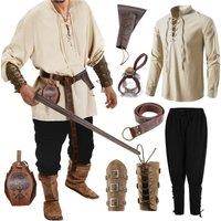 Halloween Men's Renaissance Costume Set 2/6/7/8/11pcs Medieval Pirate Shirt Ankle Banded Pants Viking Belt Accessories