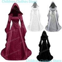 Women Deluxe Witch Dress Medieval Renaissance Maxi Train Dress Halloween Devil Pagan Witch Wedding Cos Costume Hooded Gown Robe