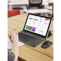 New BAKEN 10-inch Android 15 tablet with 64GB storage, keyboard, leather case, SIM card slot, stylus, mouse, and dual speakers