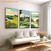 3pcs, Frameless Canvas Art, Set of 3 Living Room Decorative Paintings, Golf Course Prints - Augusta National, Pebble Beach, St.