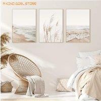Frameless 3pcs White Seascape Canvas Painting Nordic Sea Beach Pampas Botanical Grass Pictures Living Room Kitchen Wall Art Deco