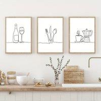3pcs/ Set Line Drawing Kitchen Poster Decoration, Kitchen Wall Art, Restaurant Printed Matter, Housewarming Gifts, Kitchen Decor