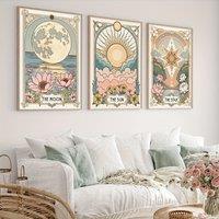 Set of 3 Vintage Sun Star Moon Tarot Art Print, Retro Floral Botanical Wall Art, Boho Flower Canvas Posters, Celestial Wall Deco