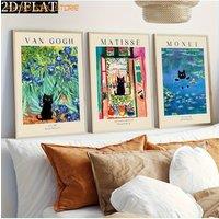 3pcs Van Gogh-Inspired Black Cat Canvas Art Prints - Frameless, Modern & Classic Styles, Ideal for Bedroom, Living Room, Office