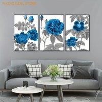 3pcs Large Black Float Framed Canvas Wall Art Black and White Blue Flowers Pictures Modern Blooming Rose Prints for Bedroom Livi